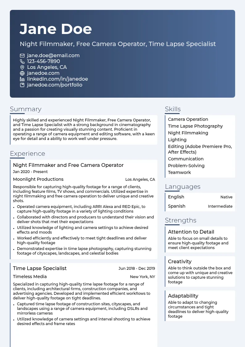Night Filmmaker, Free Camera Operator, Time Lapse Specialtist, resume example