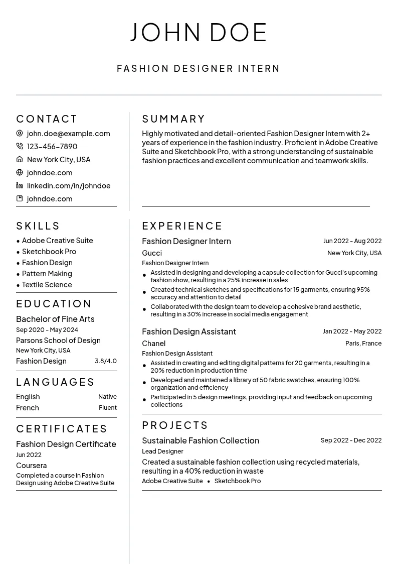 Fashion Designer Intern resume example