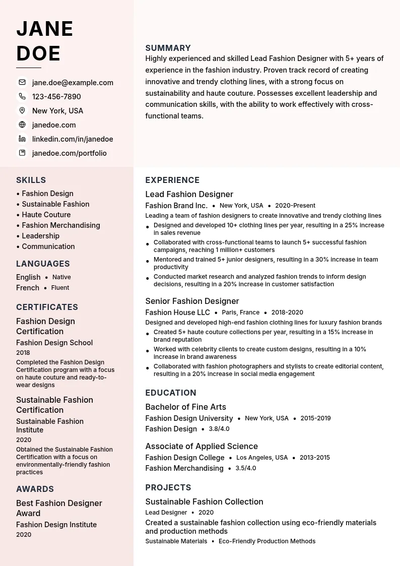 Lead Fashion Designer resume example