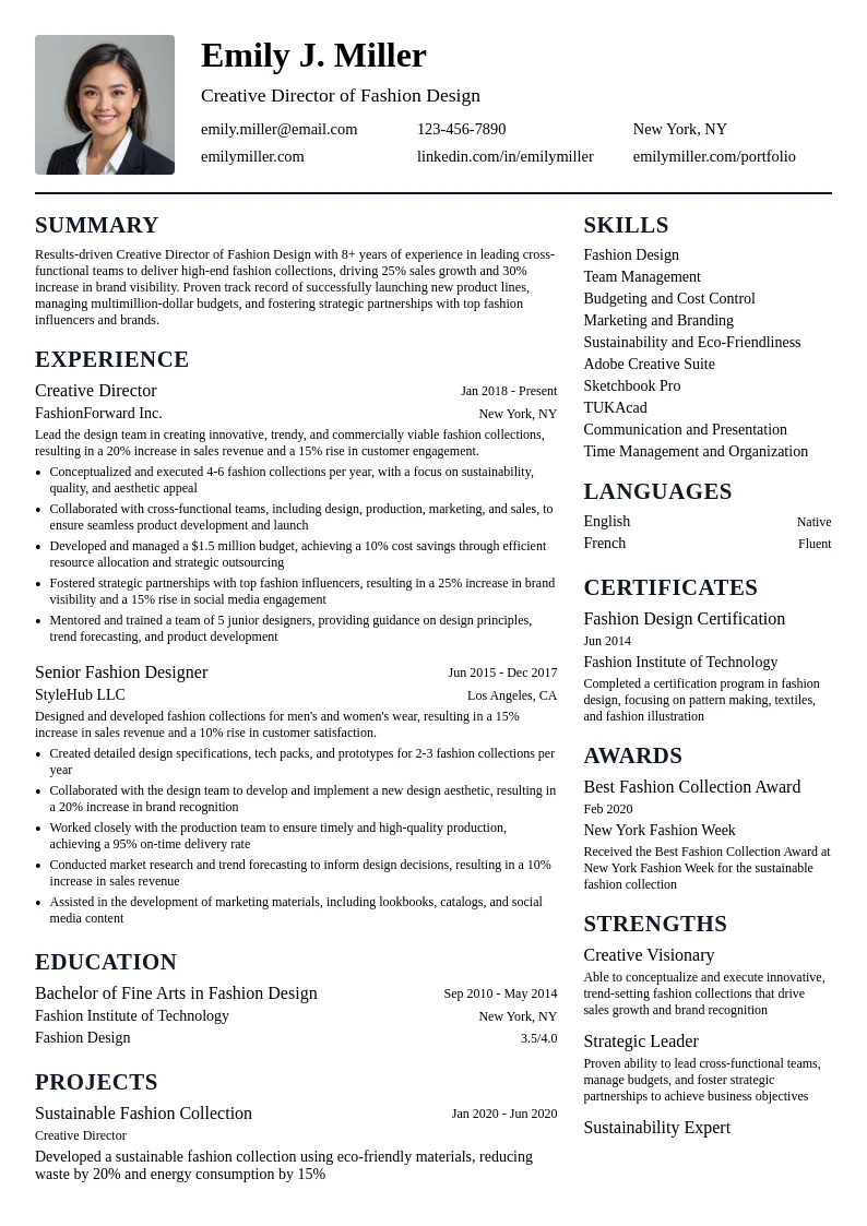 Creative Director of Fashion Design resume example