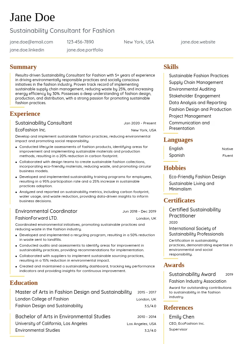 Sustainability Consultant for Fashion resume example
