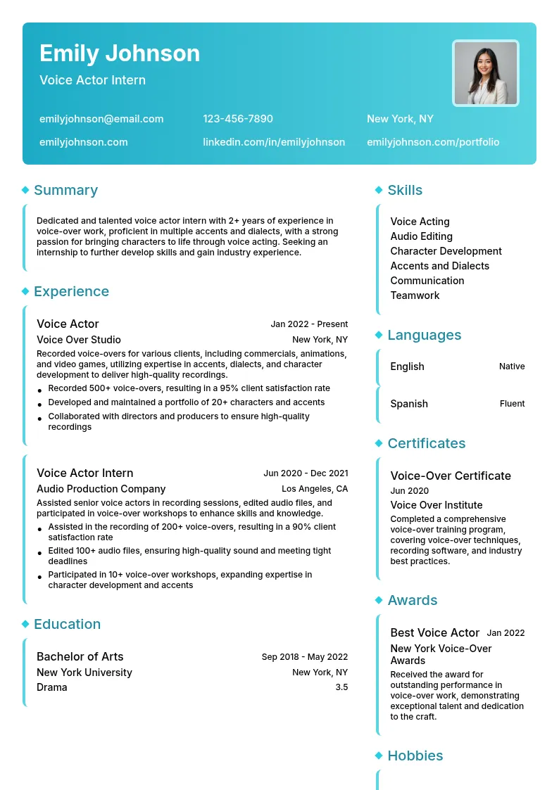 Voice Actor Intern resume example