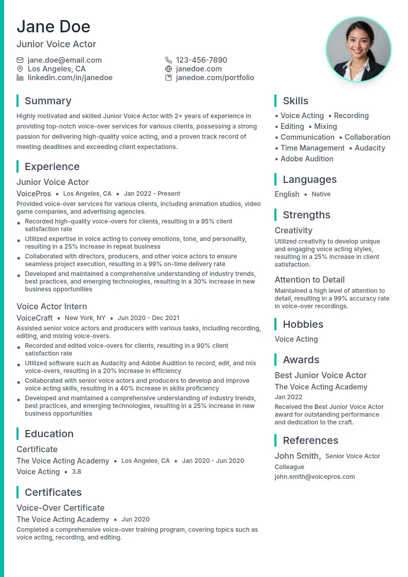 Junior Voice Actor resume example