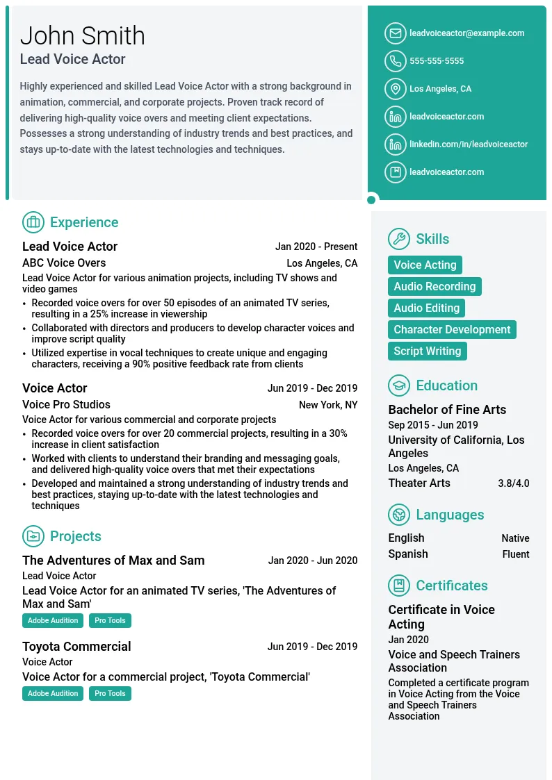 Lead Voice Actor resume example