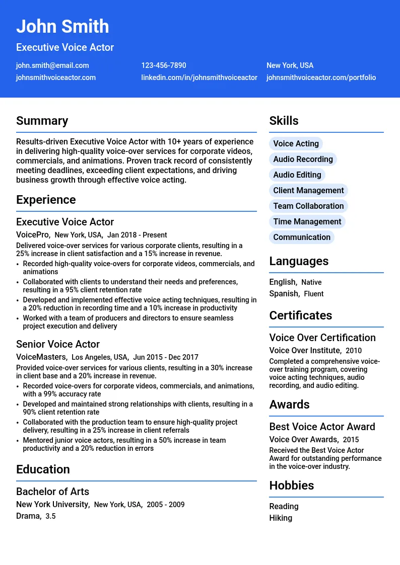 Executive Voice Actor resume example