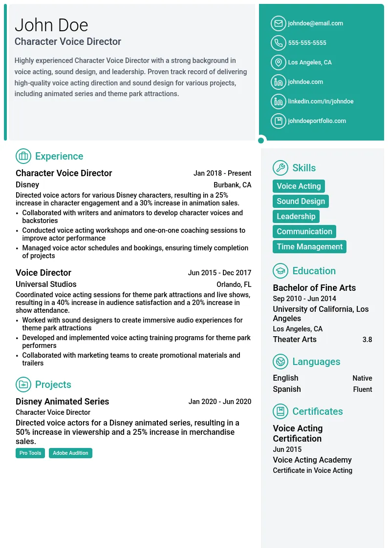 Character Voice Director resume example