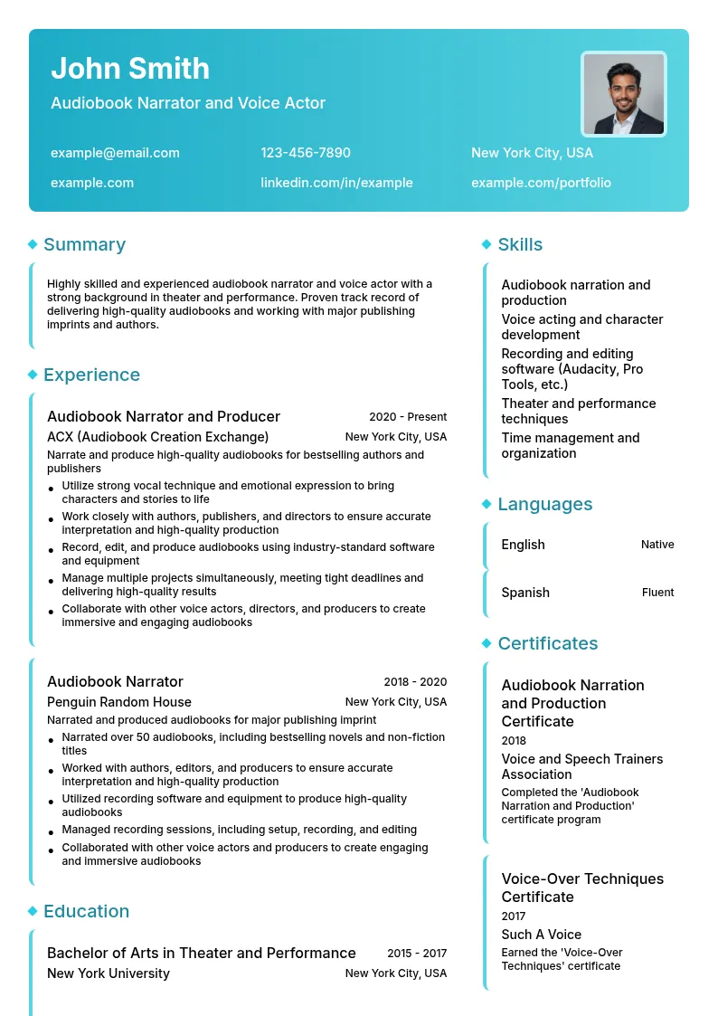 Audio Book Narrator resume example
