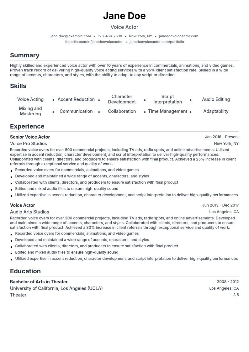 Commercials Voice Actor resume example