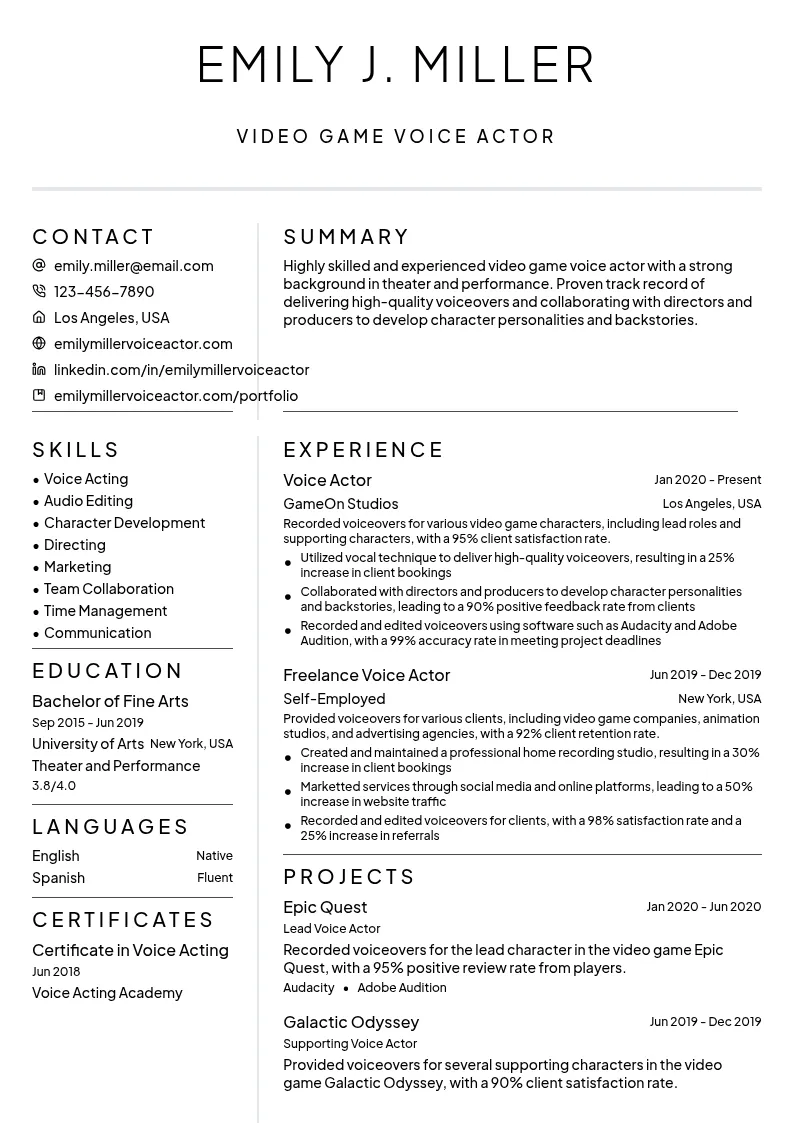 Video Game Voice Actor resume example