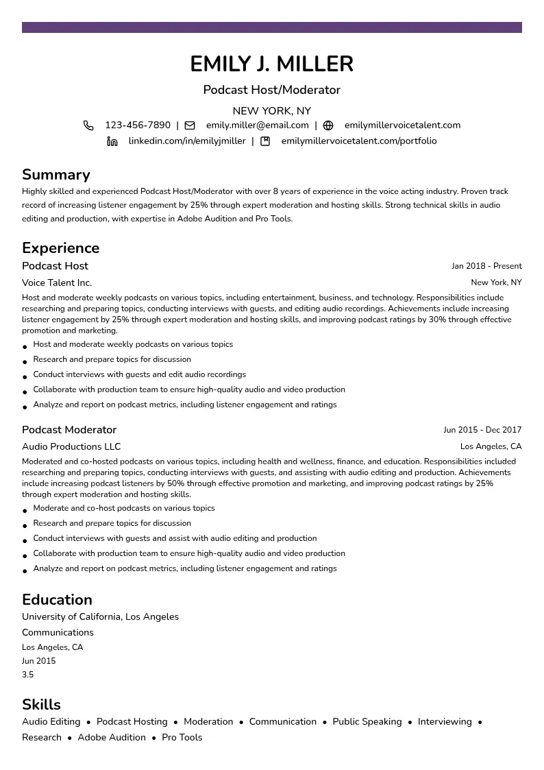 Podcast Host/Moderator resume example