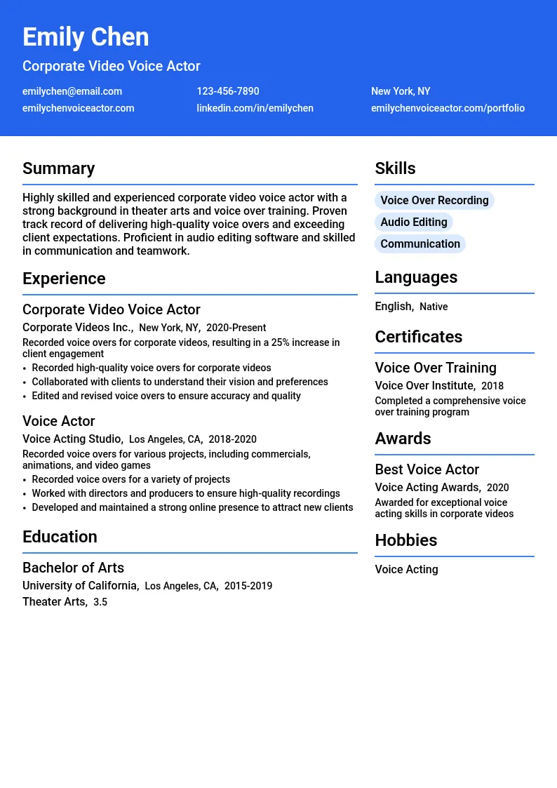 Corporate Video Voice Actor resume example