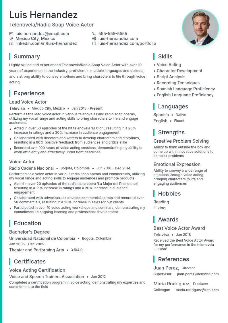Telenovela/Radio Soap Voice Actor resume example