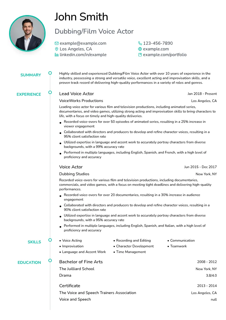 Dubbing/Film Voice Actor resume example