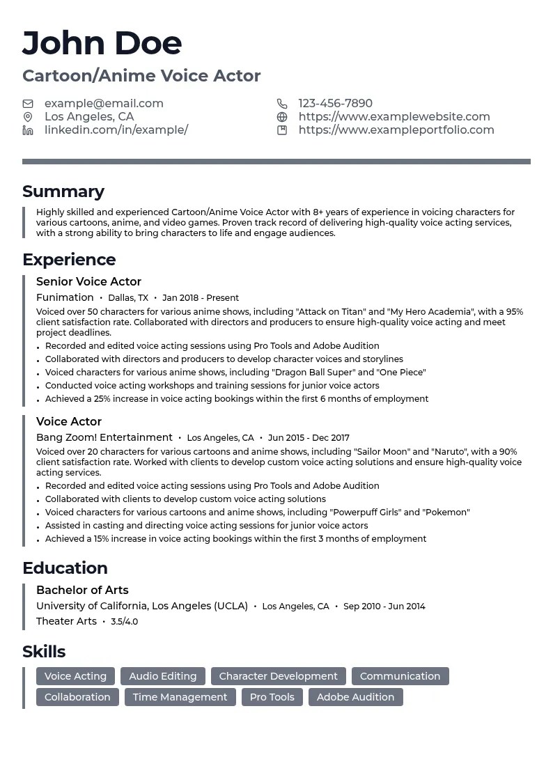Cartoon/Anime Voice Actor resume example