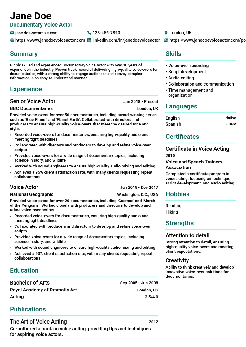 Documentary Voice Actor resume example