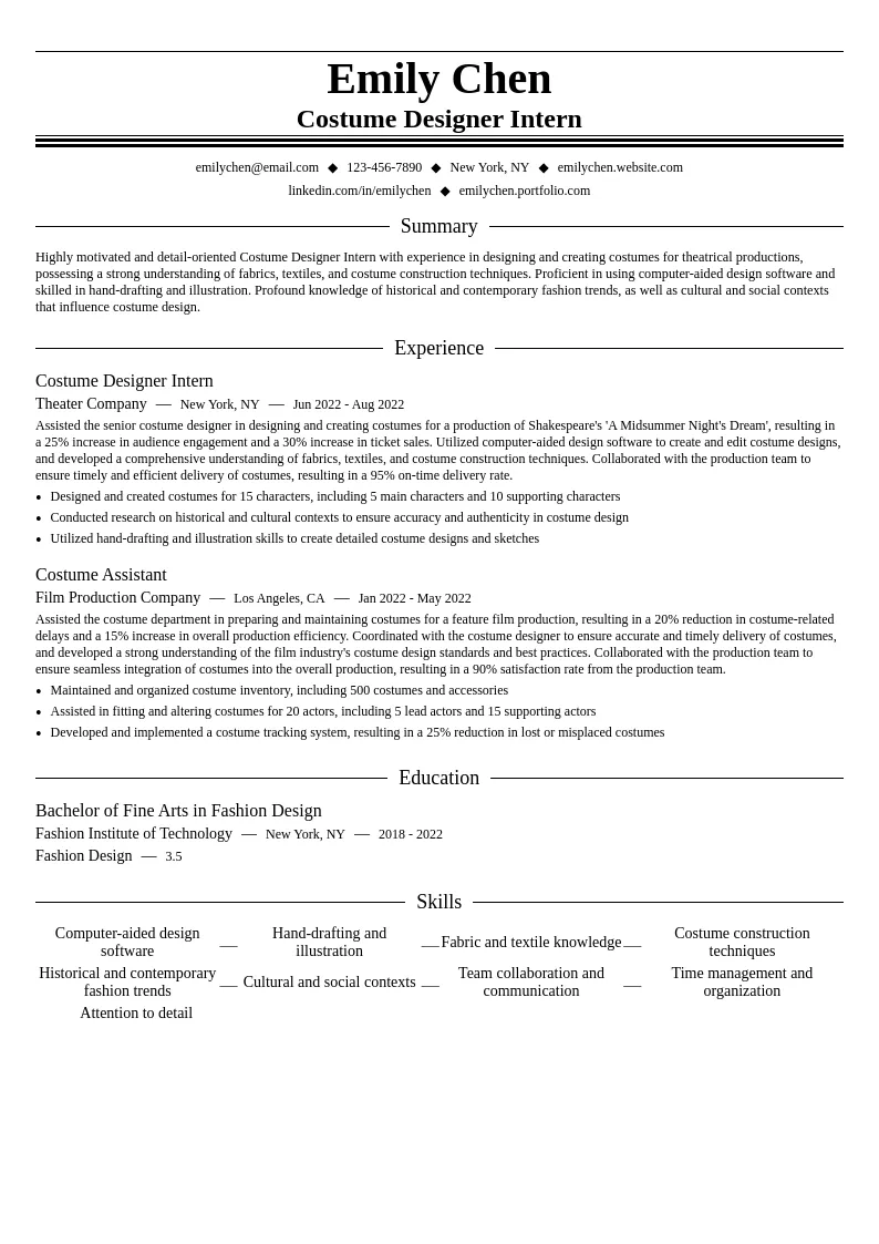 Costume Designer Intern resume example