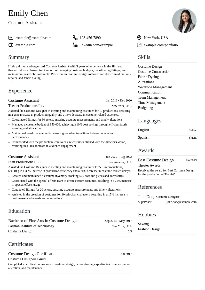 Costume Assistant resume example