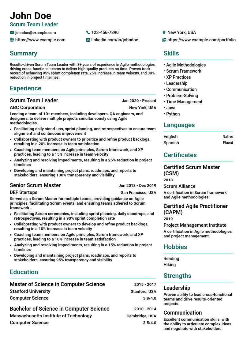 Scrum Team Leader resume example