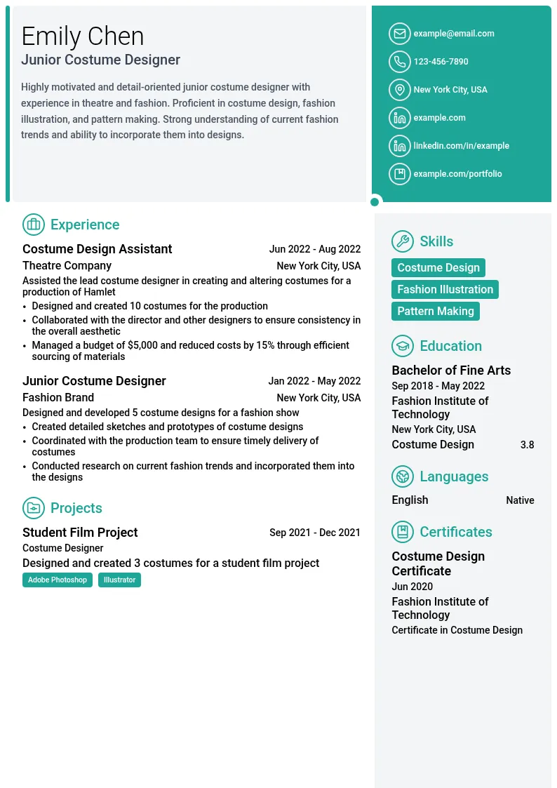 Junior Costume Designer resume example