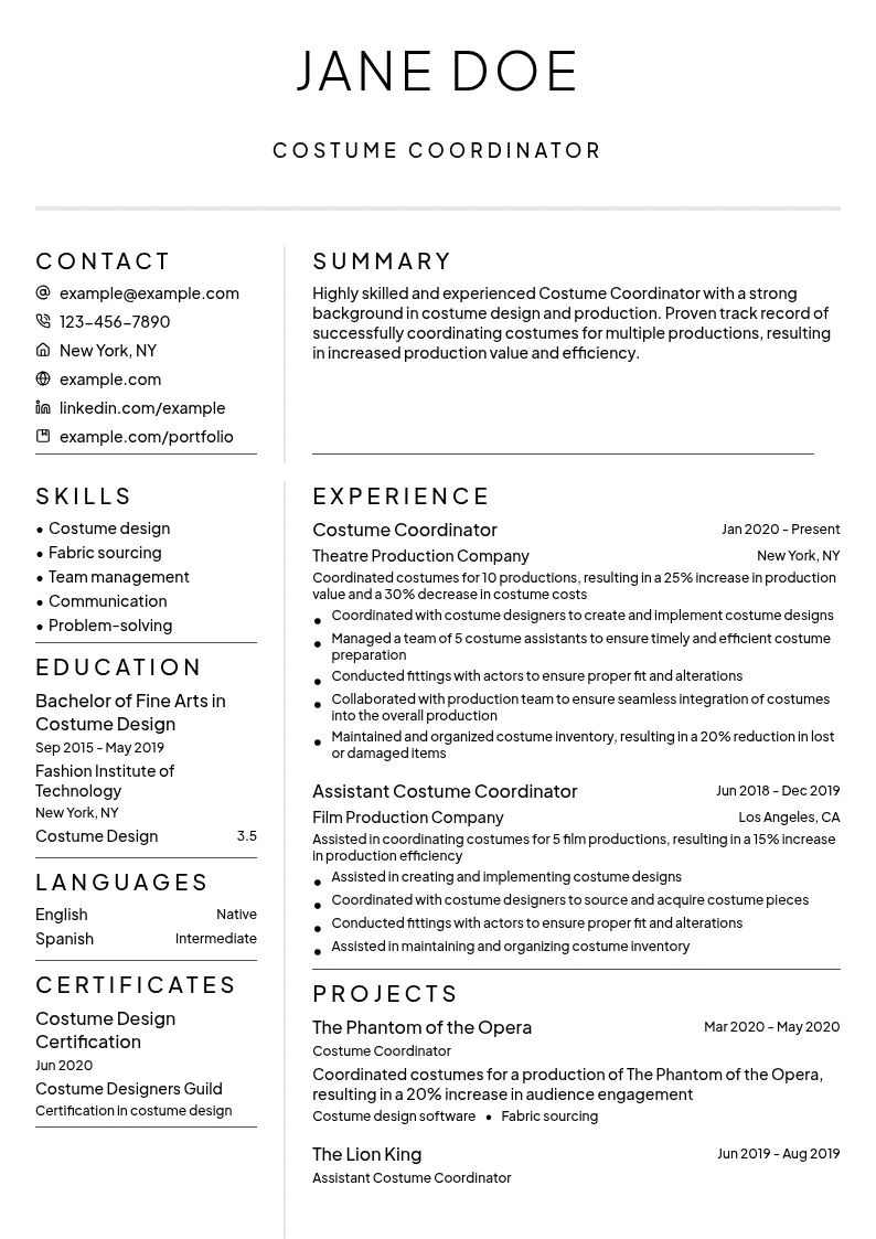 Costume Coordinator resume example
