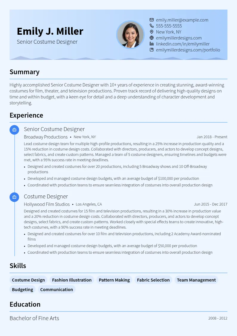 Senior Costume Designer resume example