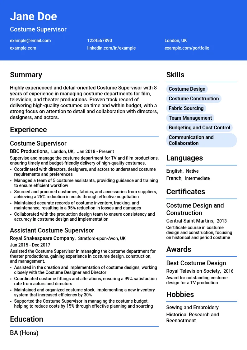 Costume Supervisor resume example