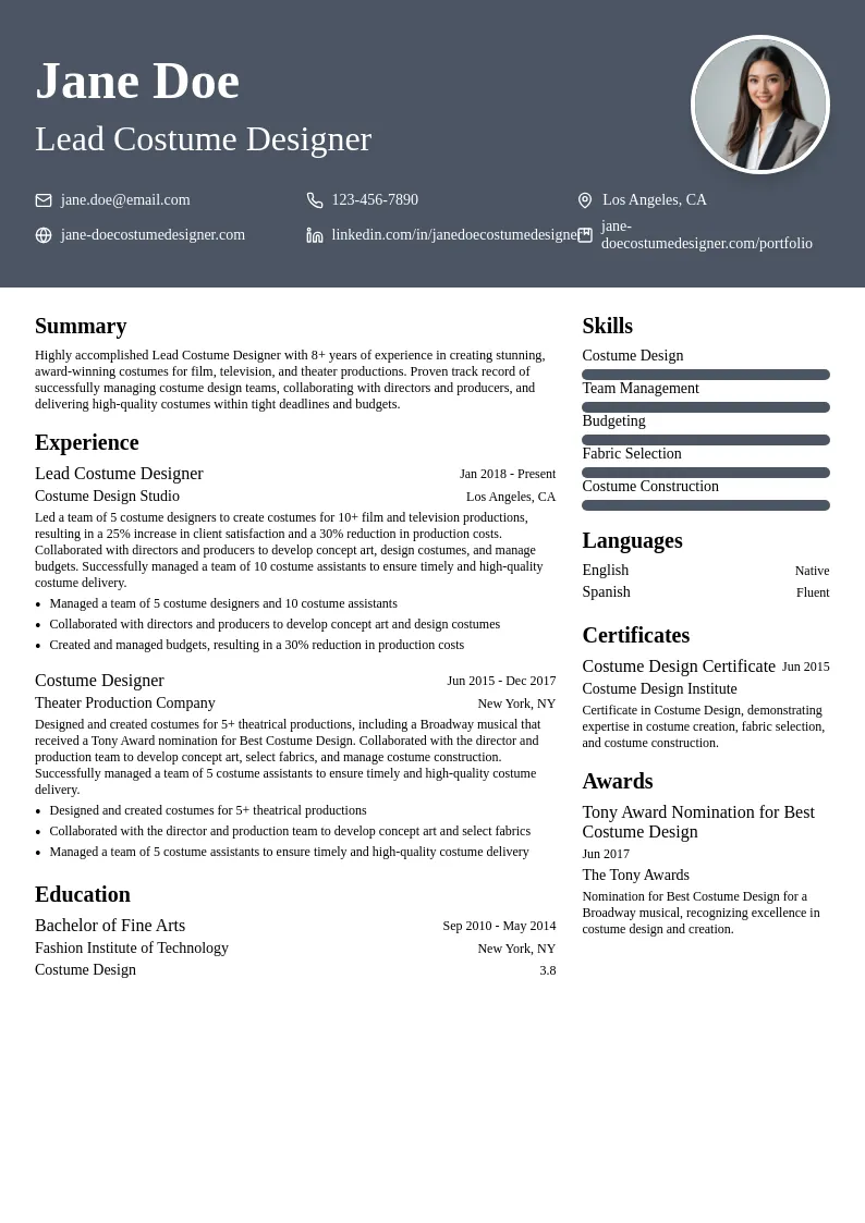 Lead Costume Designer resume example