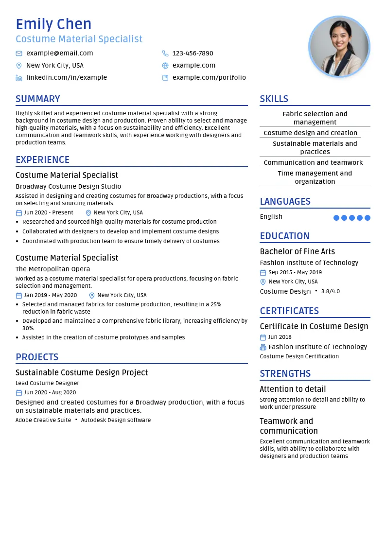 Costume Material Specialist resume example