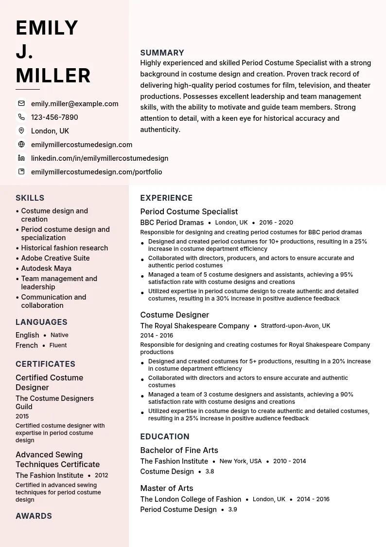 Period Costume Specialist resume example