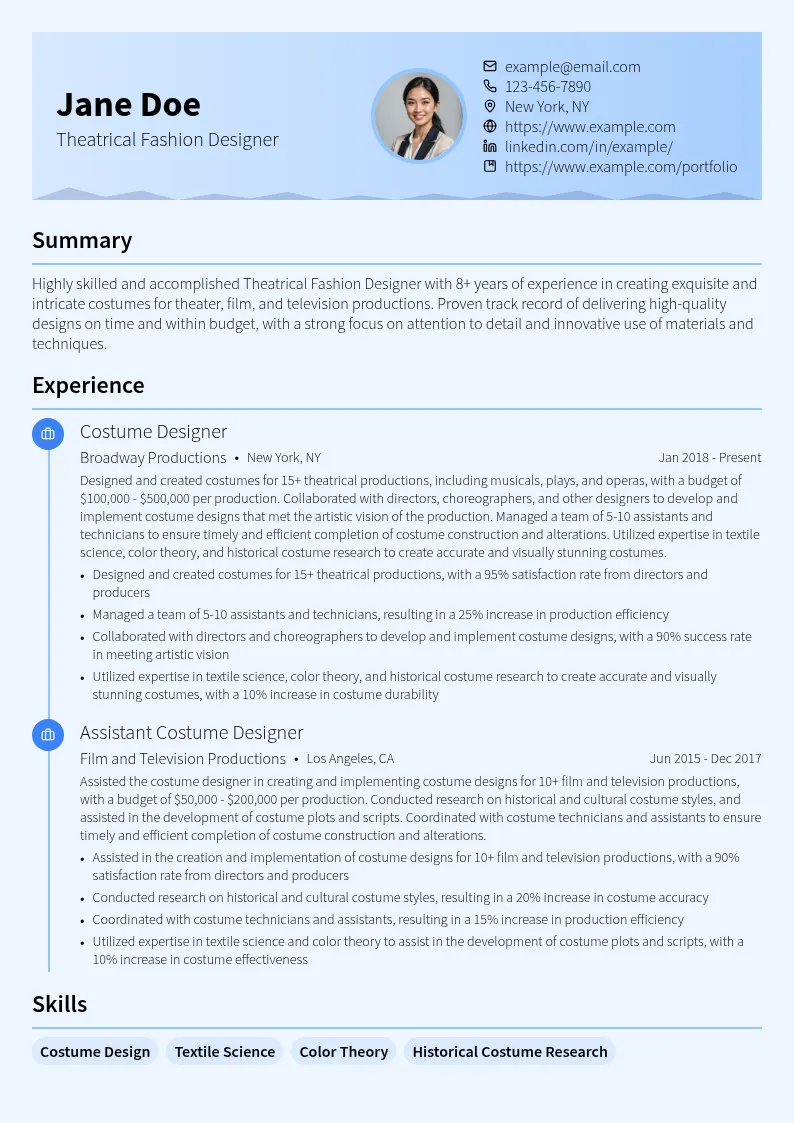 Theatrical Fashion Designer resume example
