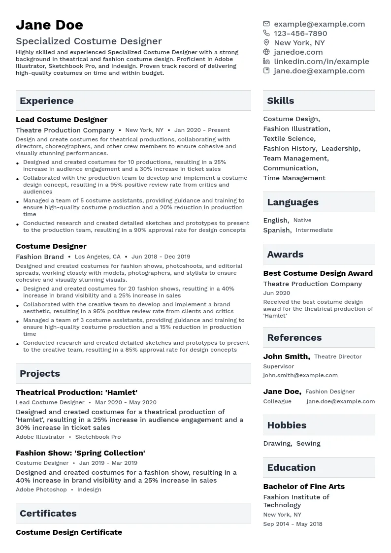 Specialized Costume Designer resume example