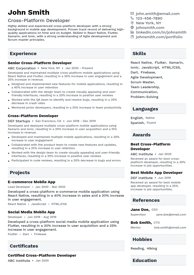 Cross-Platform Developer resume example