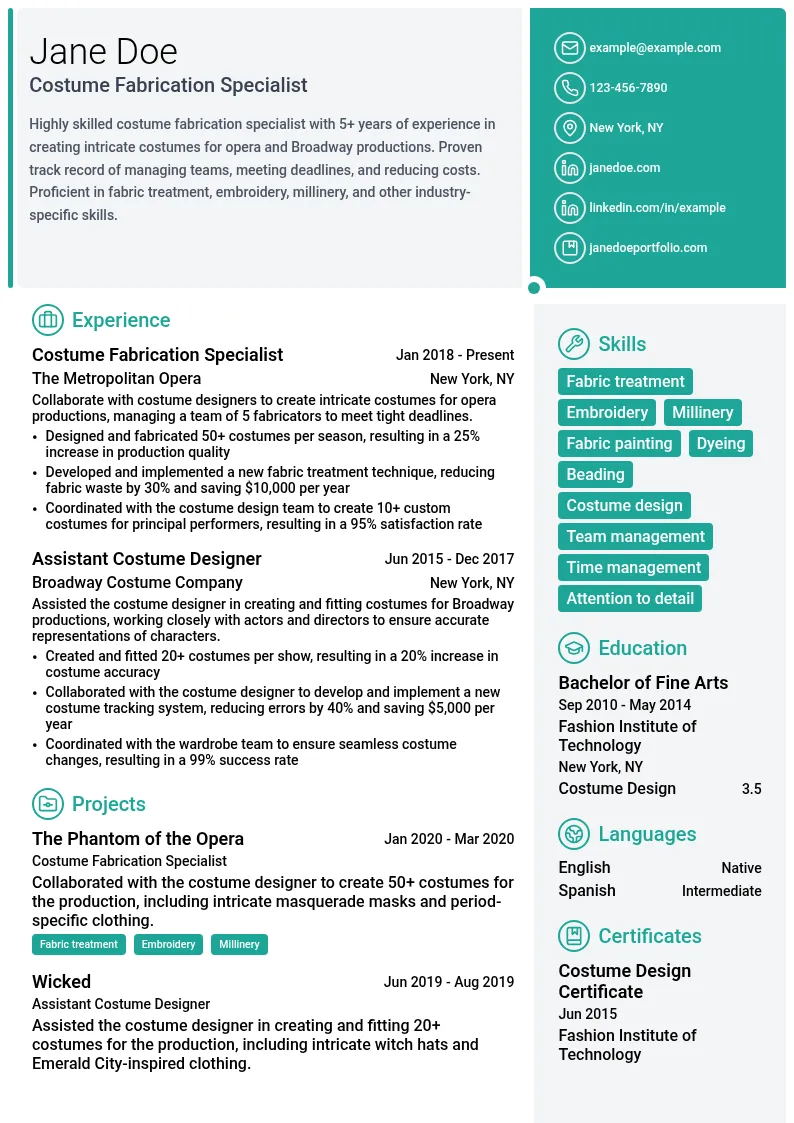 Costume Fabrication Specialist resume example