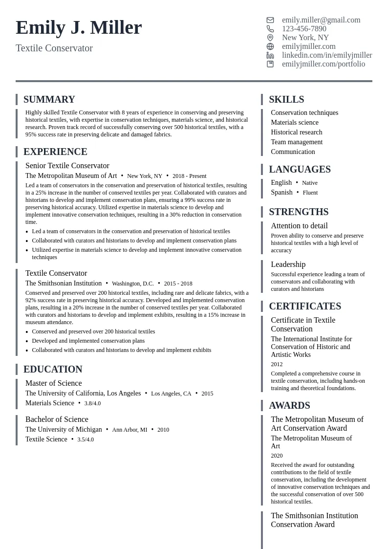 Textile Conservator resume example