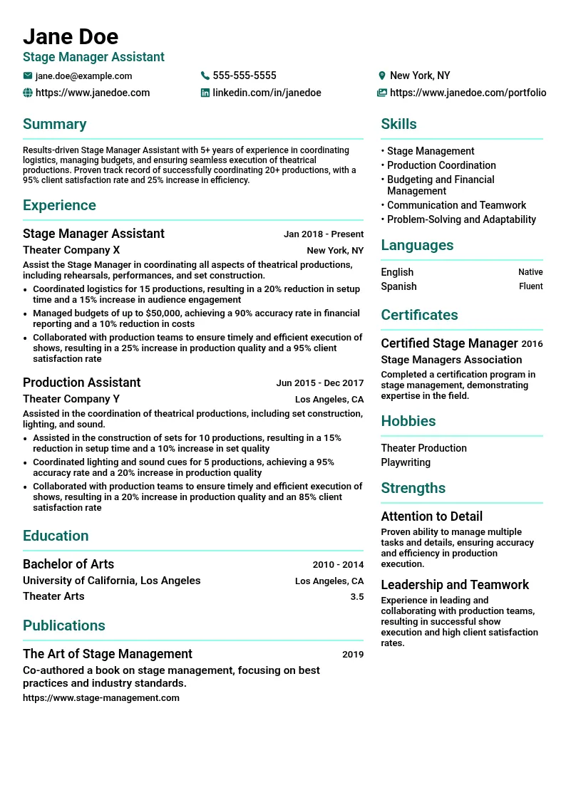 Stage Manager Assistant resume example