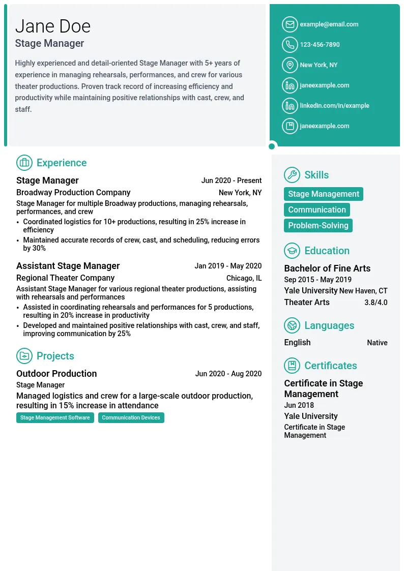 Stage Manager resume example