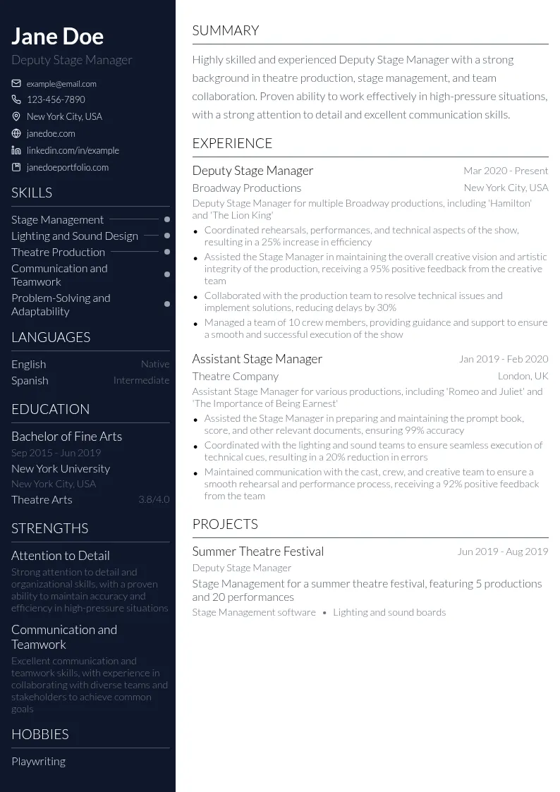 Deputy Stage Manager resume example