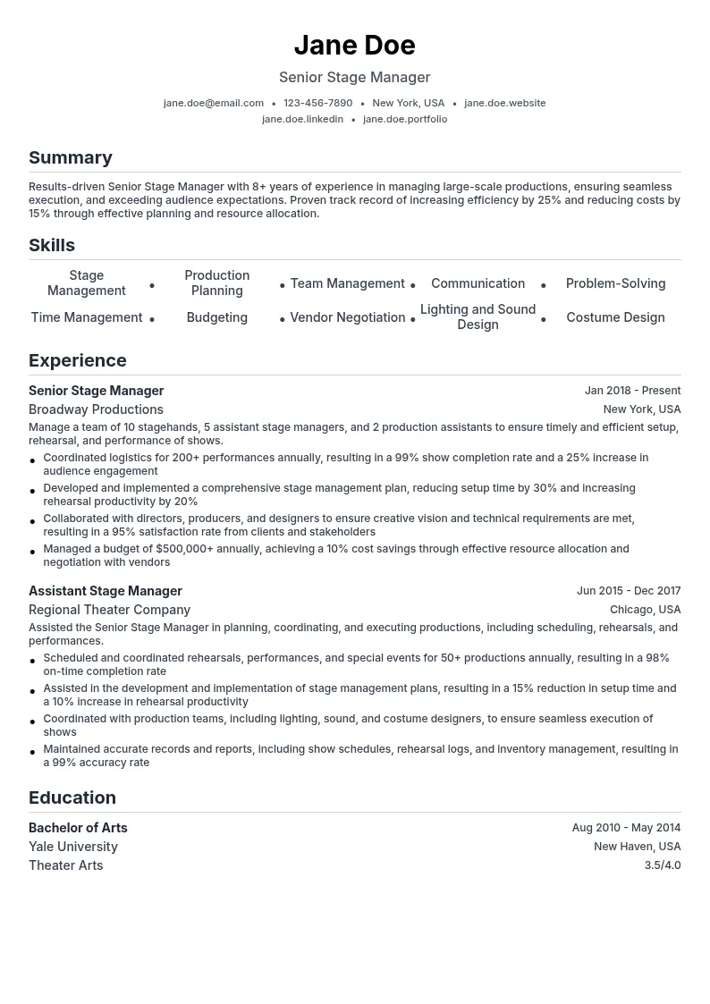 Senior Stage Manager resume example