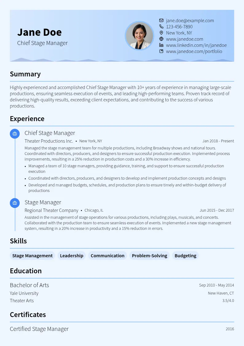 Chief Stage Manager resume example