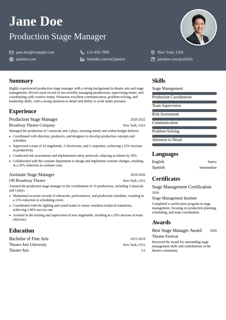 Production Stage Management resume example