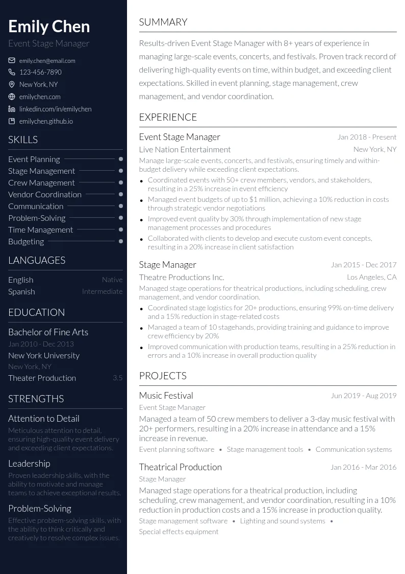 Event Stage Management resume example