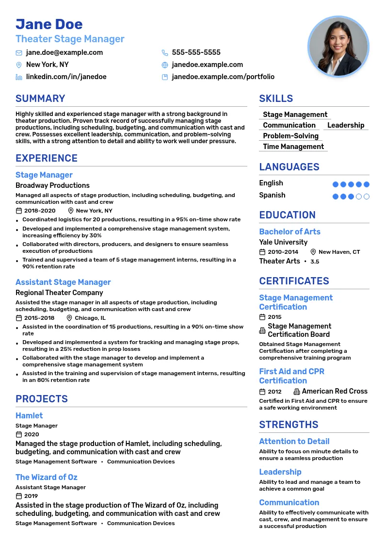 Theater Stage Management resume example