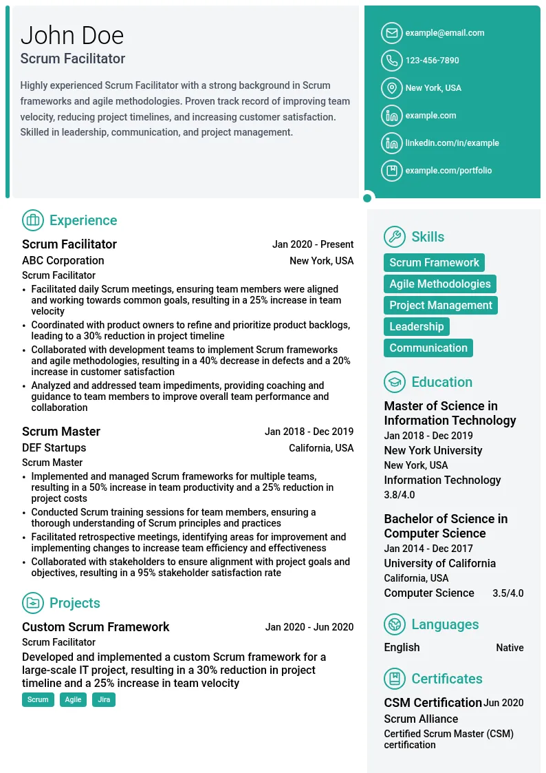 Scrum Facilitator resume example
