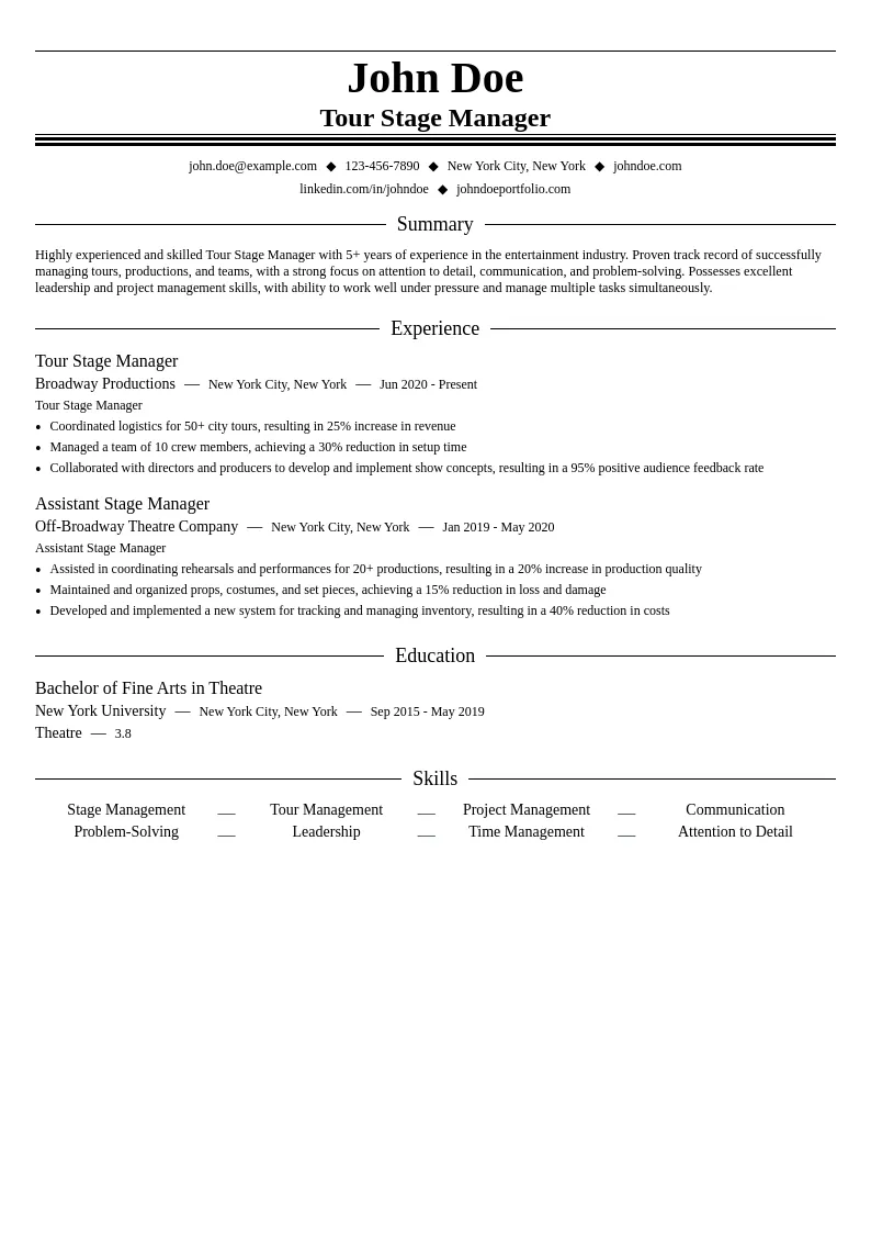 Tour Stage Management resume example