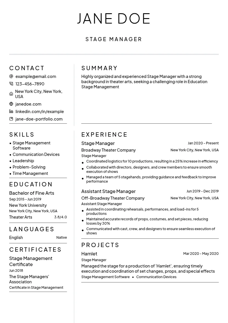 Education Stage Management resume example