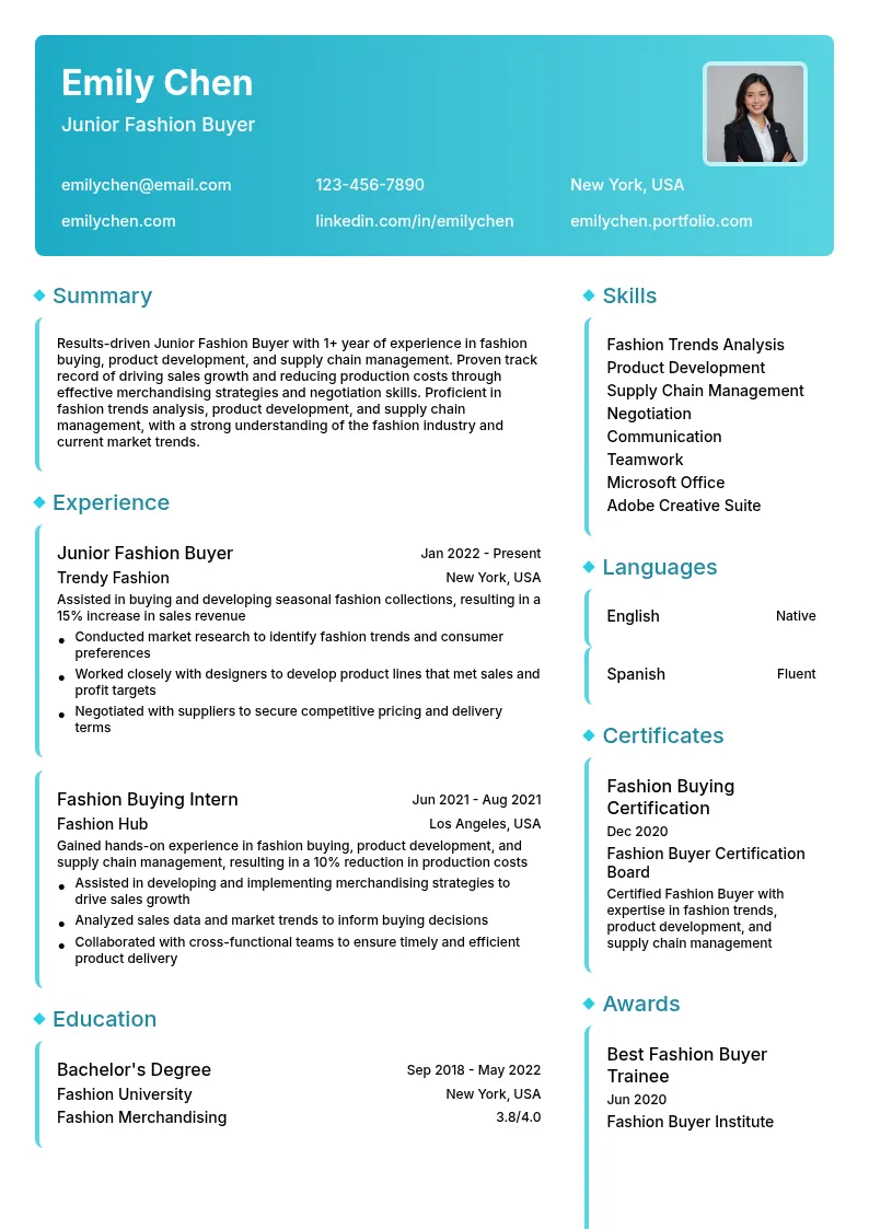 Junior Fashion Buyer resume example