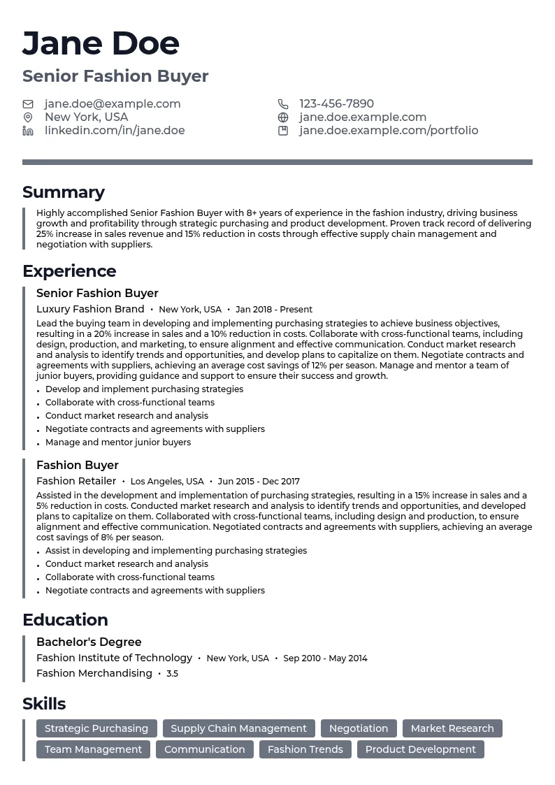 Senior Fashion Buyer resume example