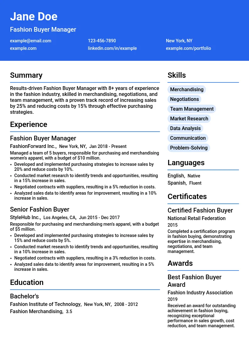 Fashion Buyer Manager resume example