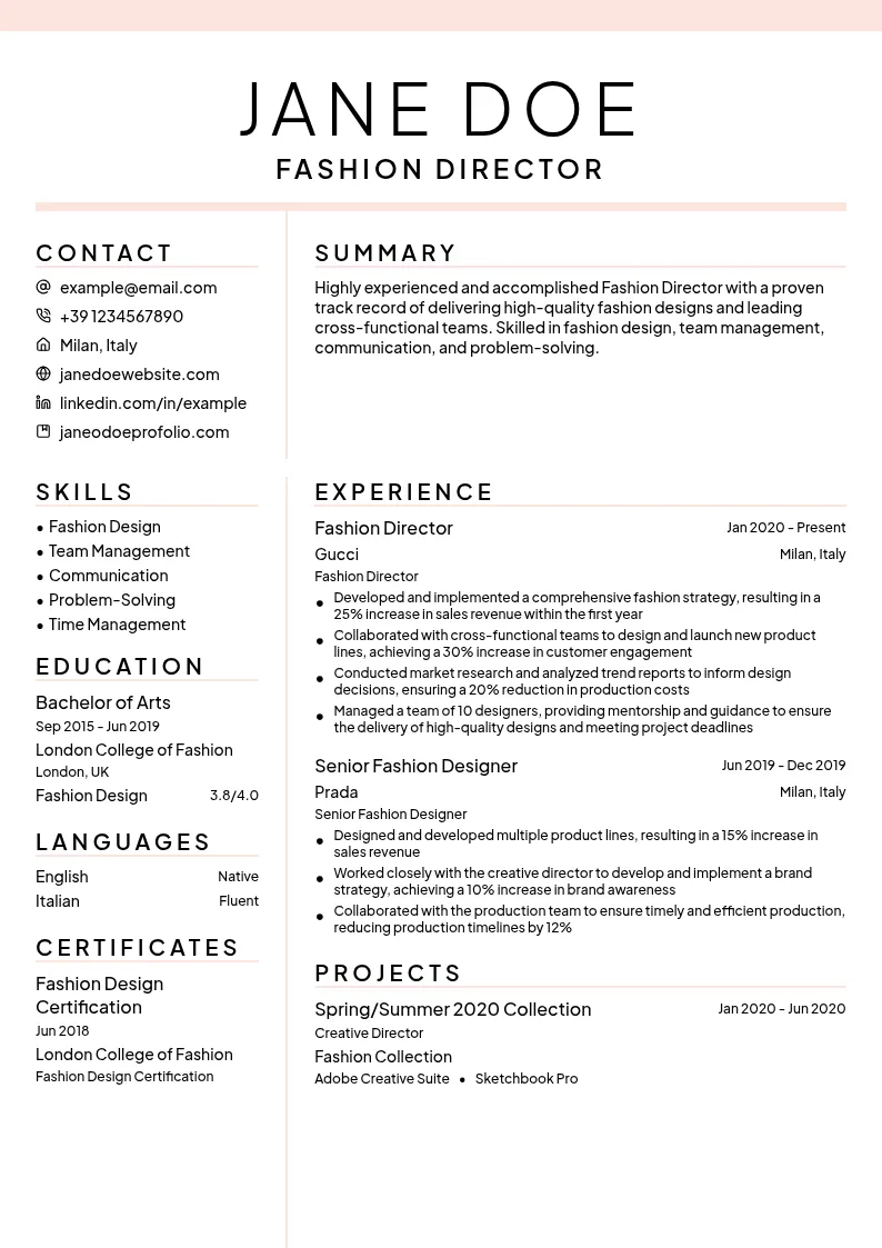 Fashion Director resume example