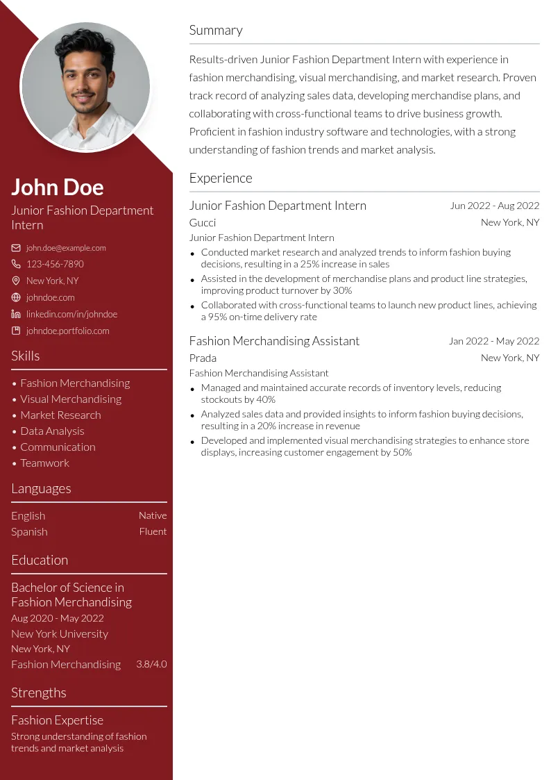 Junior Fashion Department Intern resume example